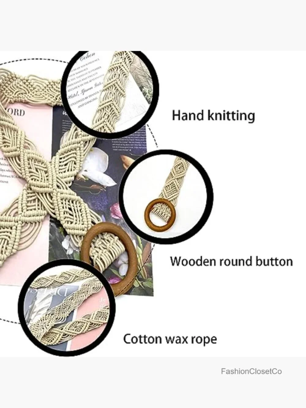 Boho Woven Rattan Straw Rope Braid Waist Belt with O-Ring Wooden Buckle